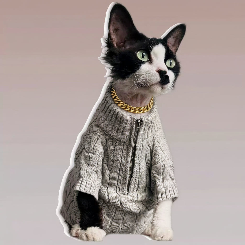 Sphynx Cat Knit Zip Sweater Turtleneck Devon Rex & Cornish Rex Clothes Soft & Warm