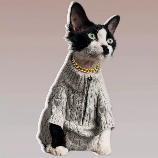 Sphynx Cat Knit Zip Sweater Turtleneck Devon Rex & Cornish Rex Clothes Soft & Warm