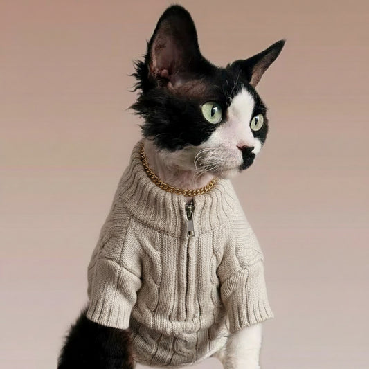 Sphynx Cat Knit Zip Sweater Turtleneck Devon Rex & Cornish Rex Clothes Soft & Warm