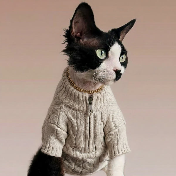 Sphynx Cat Knit Zip Sweater Turtleneck Devon Rex & Cornish Rex Clothes Soft & Warm
