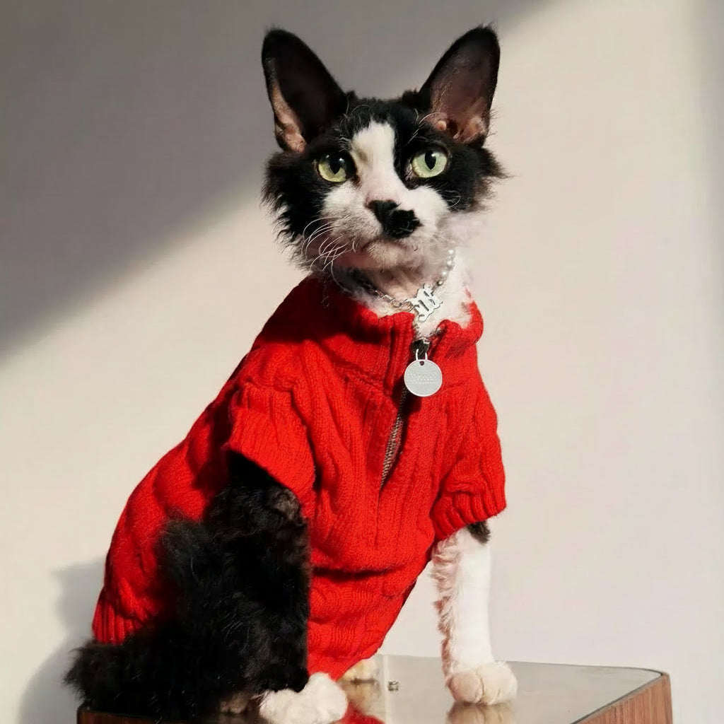 Sphynx Cat Knit Zip Sweater Turtleneck Devon Rex & Cornish Rex Clothes Soft & Warm