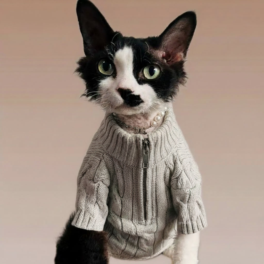Sphynx Cat Knit Zip Sweater Turtleneck Devon Rex & Cornish Rex Clothes Soft & Warm